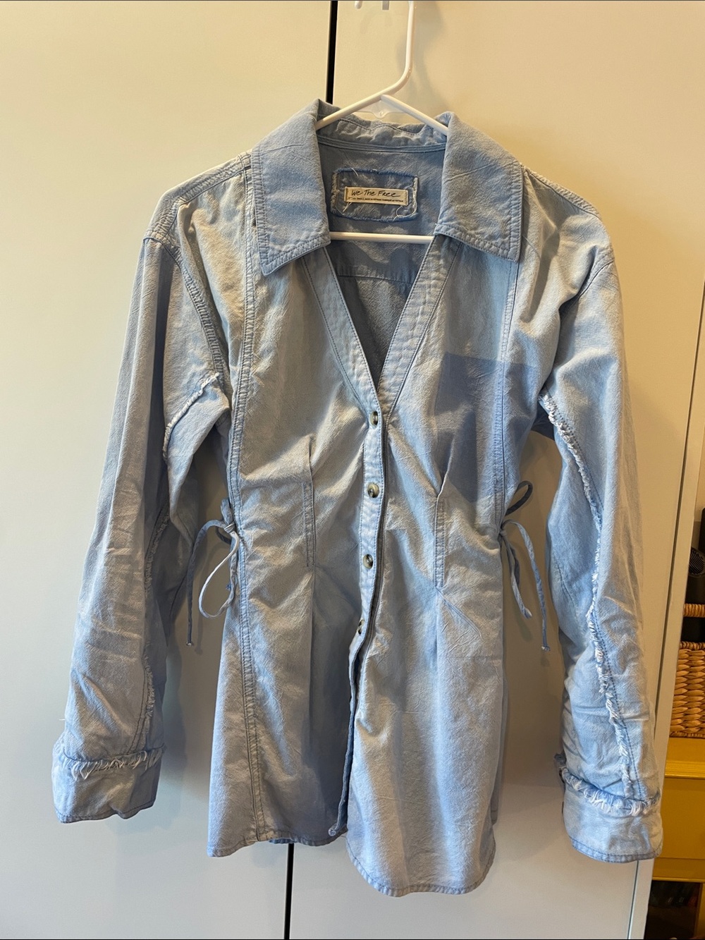 Size XS Free People We The Free Chambray/Light Denim Tie Waist Button-Down Shirt